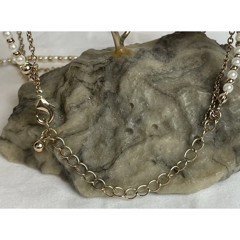 2 Strand Layered Choker Necklace Faux Pearl Gold Tone Cable Chain 12-14" - Picture 5 of 8